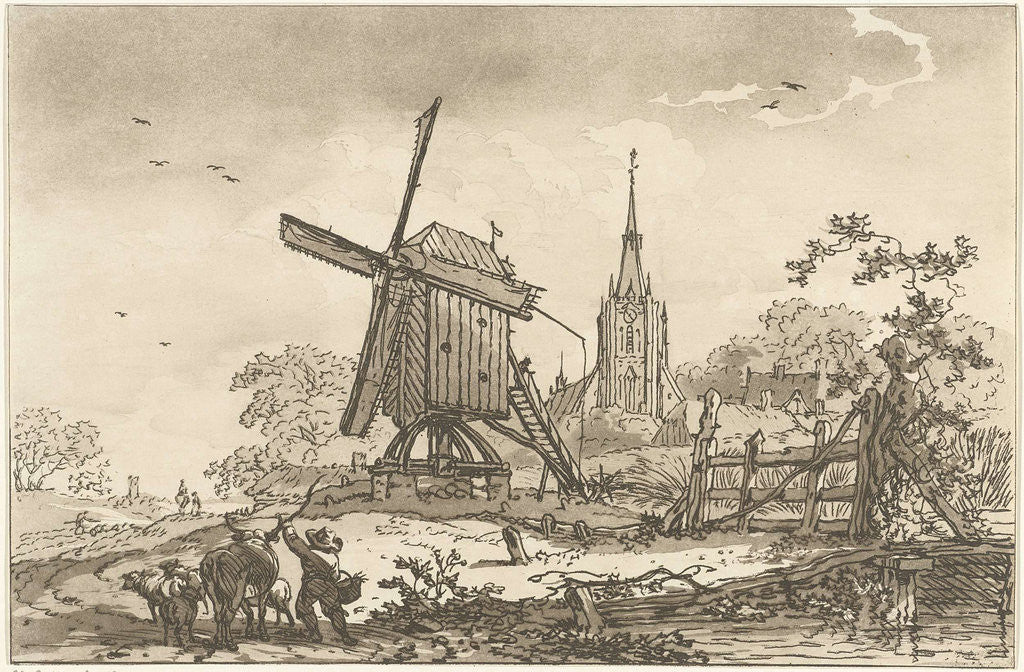 Detail of landscape with a windmill and a church by Timothy Sheldrake