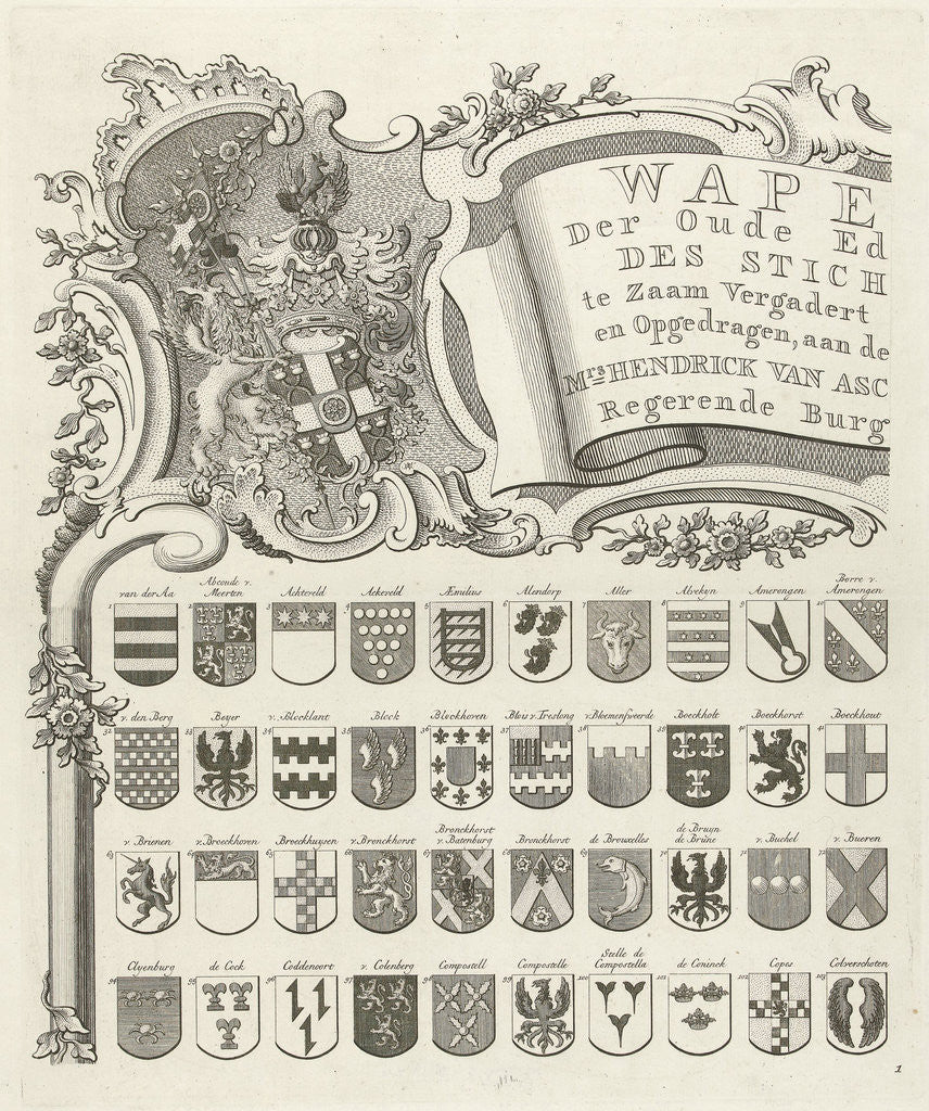 Detail of Coat of arms map of ancient families of Utrecht, The Netherlands, sheet top left by Johannes van Hiltrop