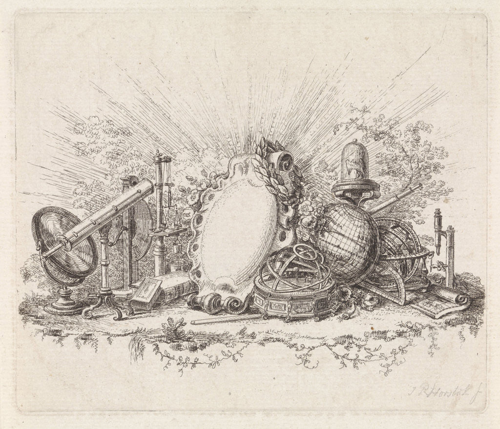 Detail of Cartouche surrounded by scientific instruments by Johannes Petrus van Horstok
