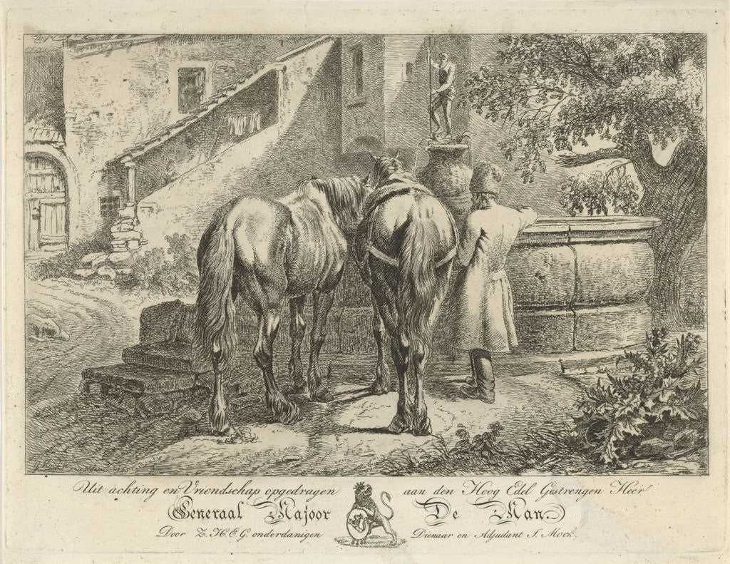 Detail of Drinking horses at a fountain by Maximiliaan Jacob de Man
