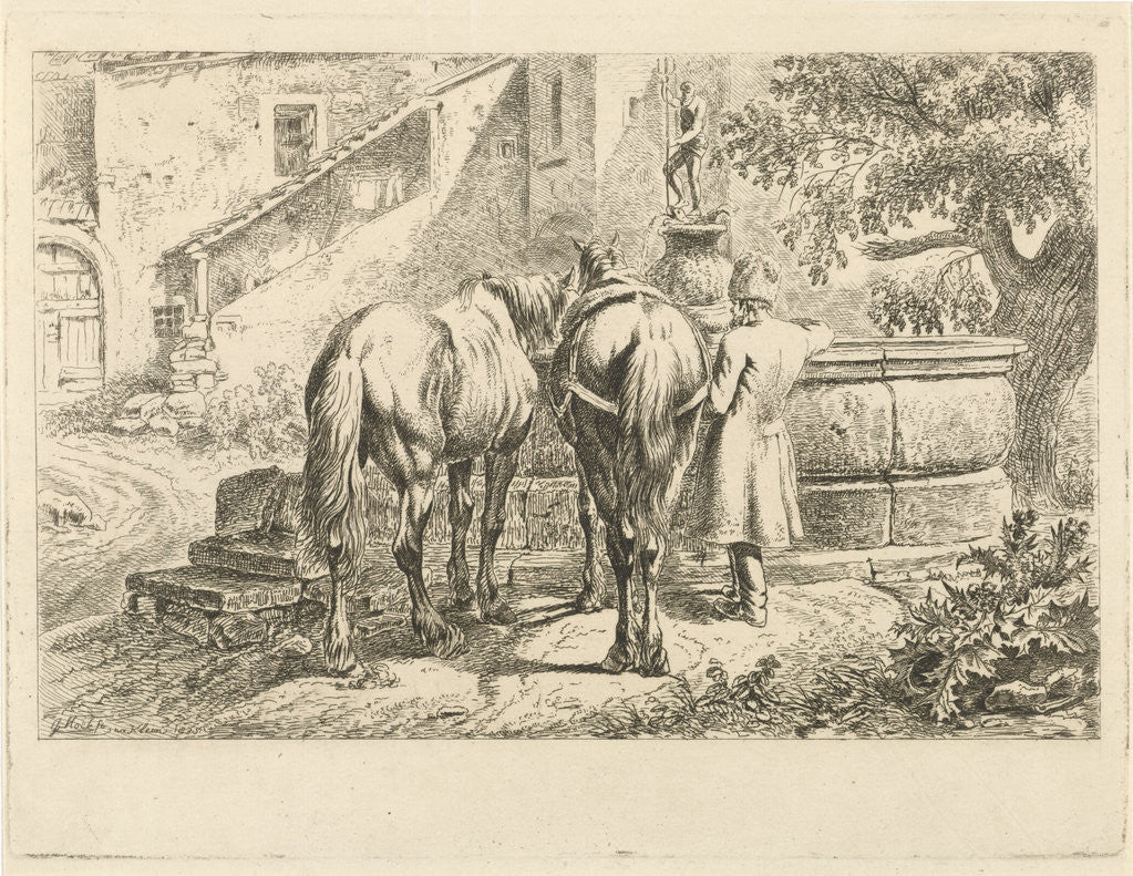 Detail of Drinking horses at a fountain by Johannes Mock