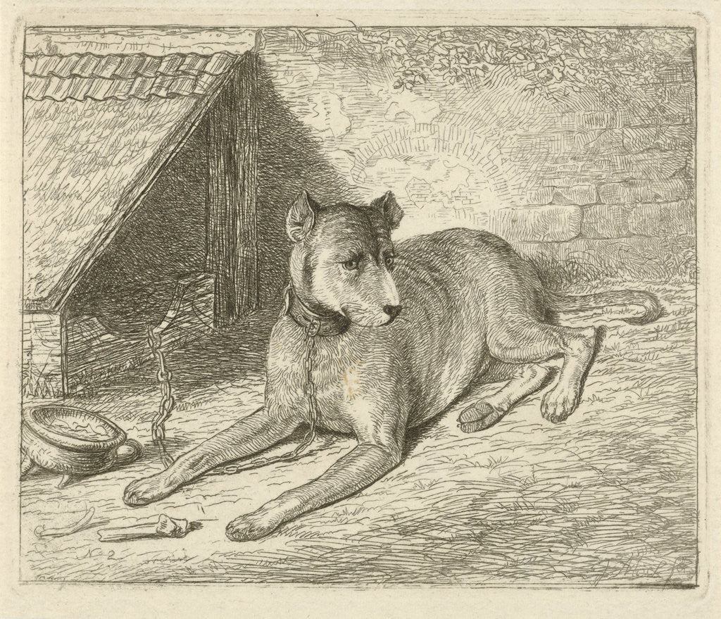 Detail of Dog on a chain in a doghouse, For him a bone, Bottom left numbered 2 by Johannes Mock