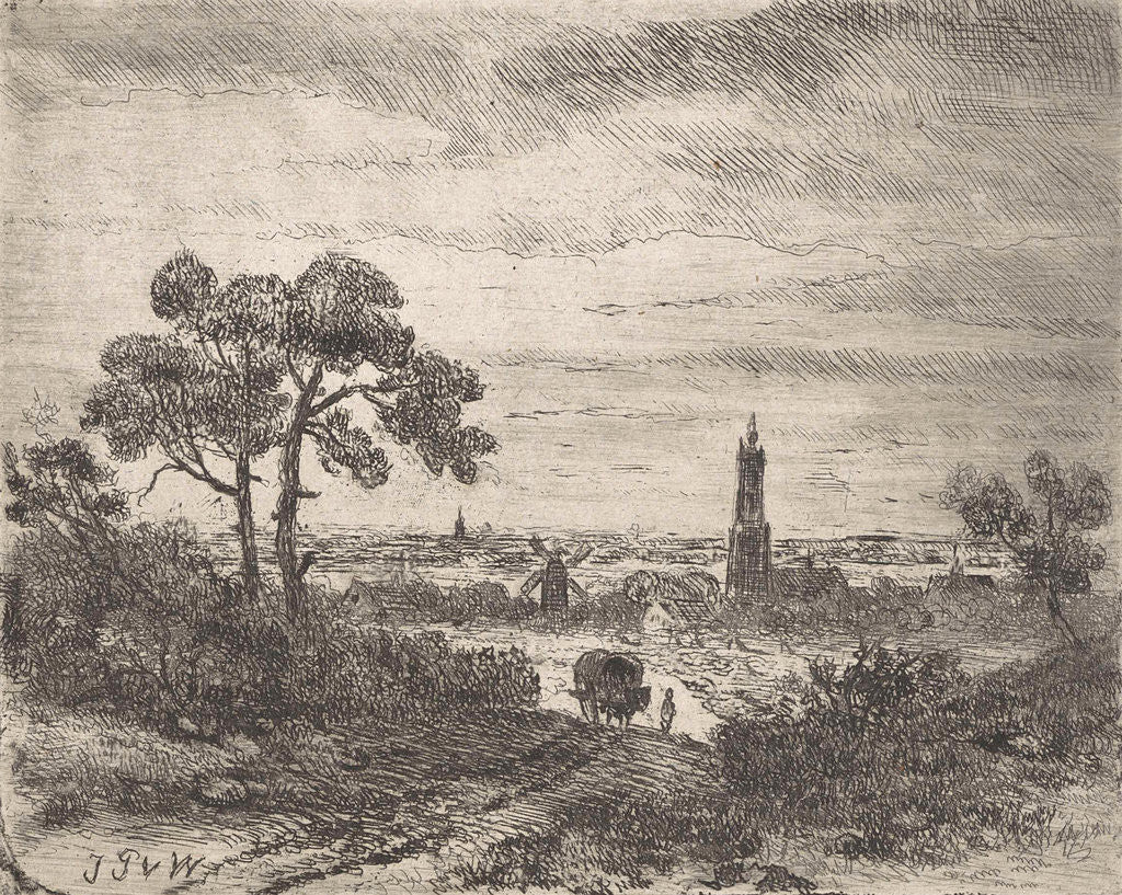 Detail of View of a city, Rhenen (?), With a church and a mill, leading a horse-drawn carriage with a figure on a country road by Johannes Pieter van Wisselingh