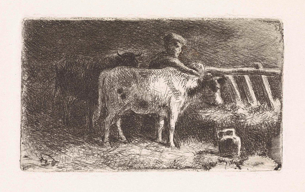 Detail of Farmer between two cows in a stable (small version) by Jan Vrolijk