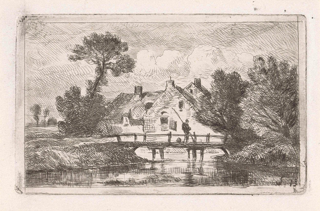 Detail of Angler on a bridge at a farm by Jan Gerard Smits