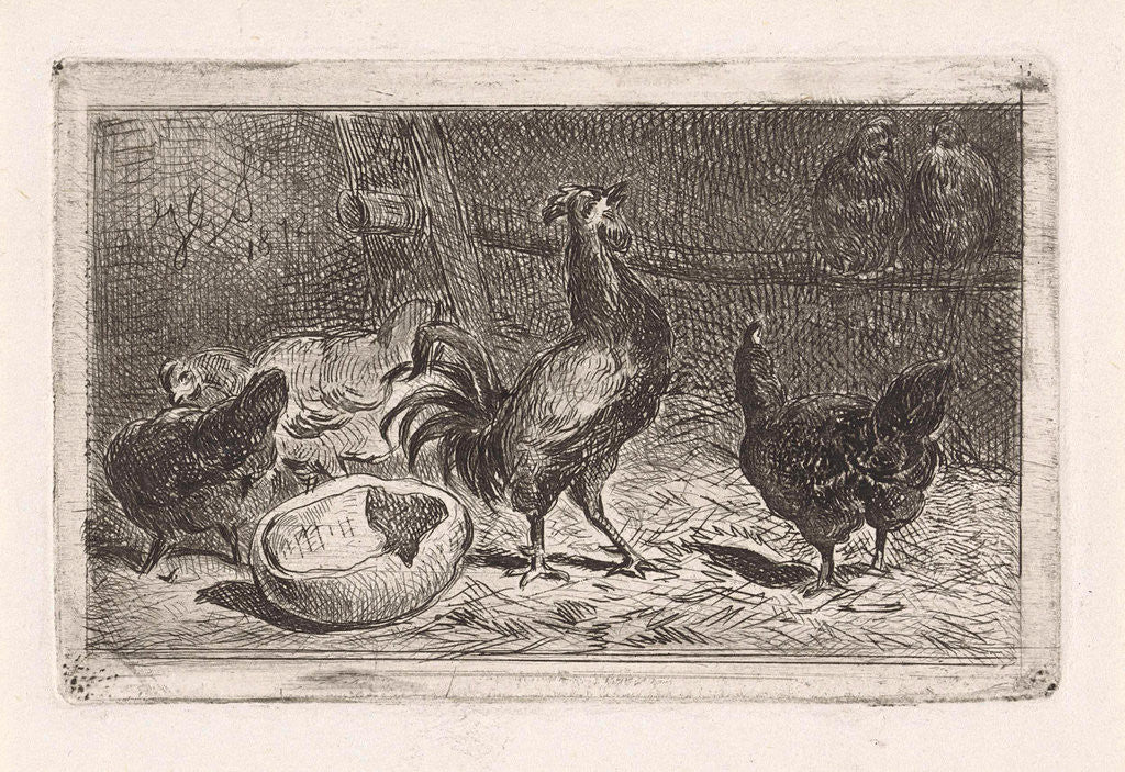 Detail of Crowing rooster with chickens in a coop by Jan Gerard Smits