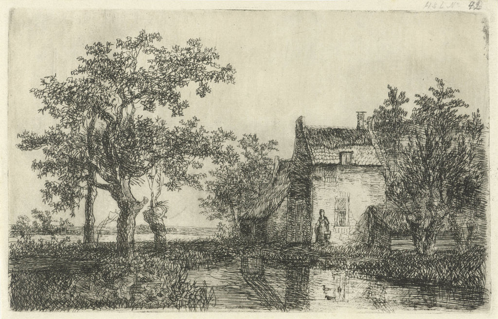 Detail of Woman with a basket for a farm house near the water by Hermanus Jan Hendrik van Rijkelijkhuysen