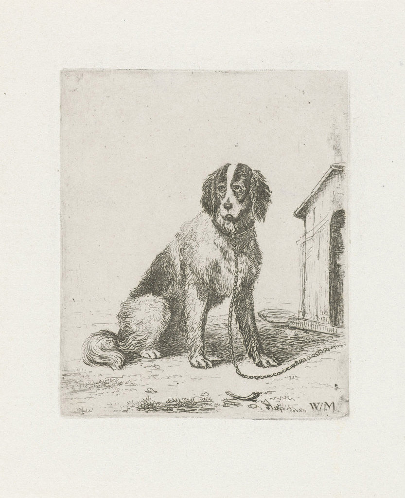 Detail of Sitting dog chained to a doghouse by Christiaan Wilhelmus Moorrees