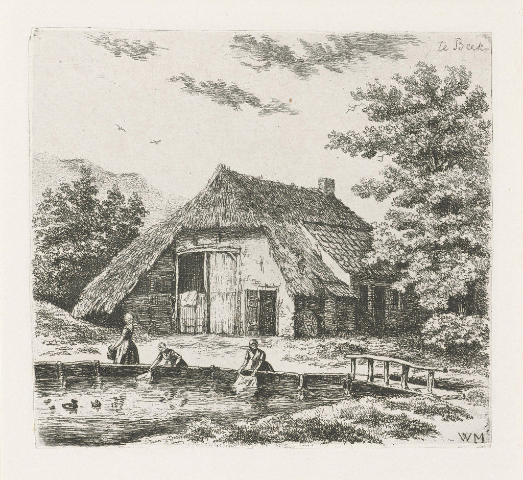 Three women doing laundry in the water for a farm in Beek by Christiaan Wilhelmus Moorrees