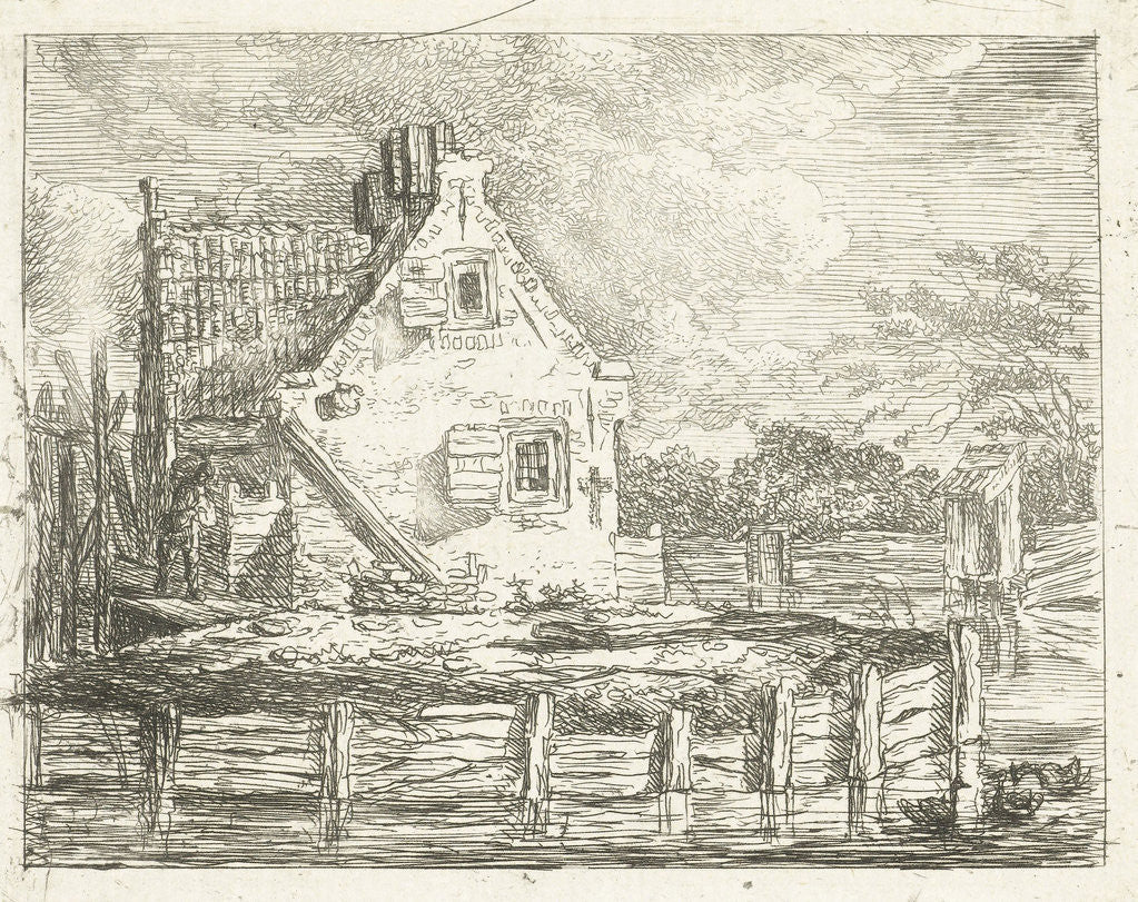 Detail of Stone house with yard on the waterfront by Albertus Brondgeest