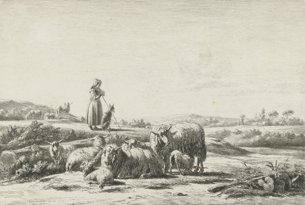 Detail of Landscape with shepherd dog with sheep herd by Simon van den Berg