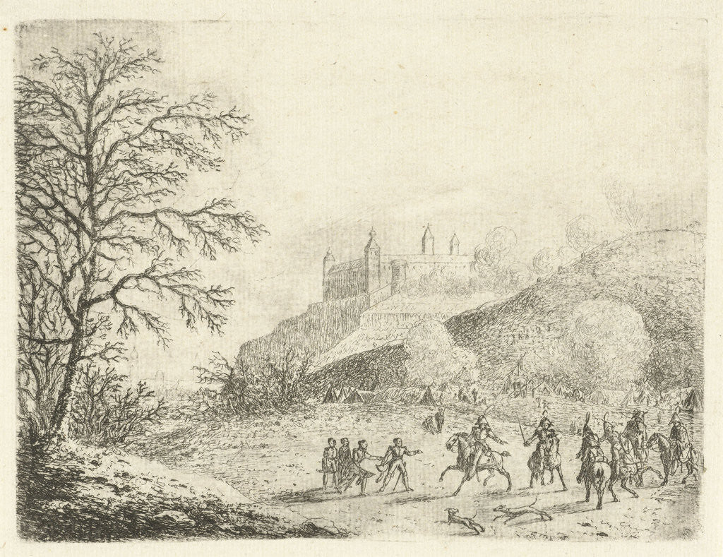 Detail of Cavalrymen at a tent camp at the bottom of a hill by Gerardus Emaus de Micault