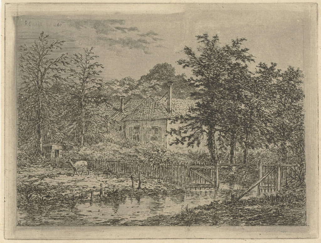 Detail of View of a house located between trees and shrubs, at the gate with a deer by Gerardus Emaus de Micault