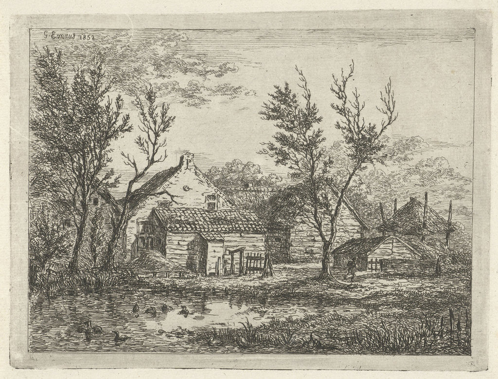 Detail of On a farm with several buildings and a haystack, a person walks near a tree, a pond with ducks by Gerardus Emaus de Micault
