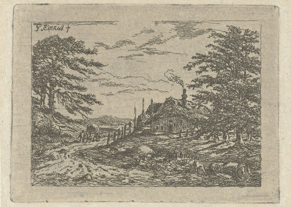 Landscape with farm and horse and carriage by Gerardus Emaus de Micault