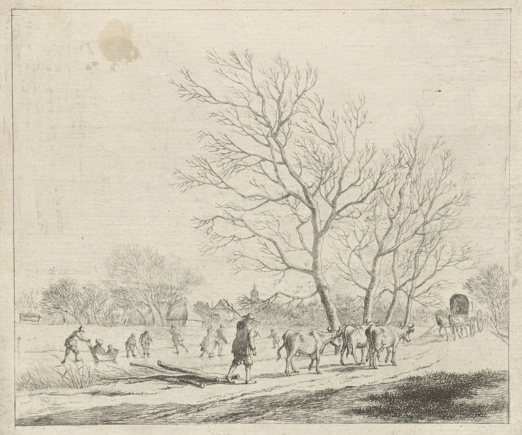 Detail of Winter Landscape with cows and skaters by Johannes Janson