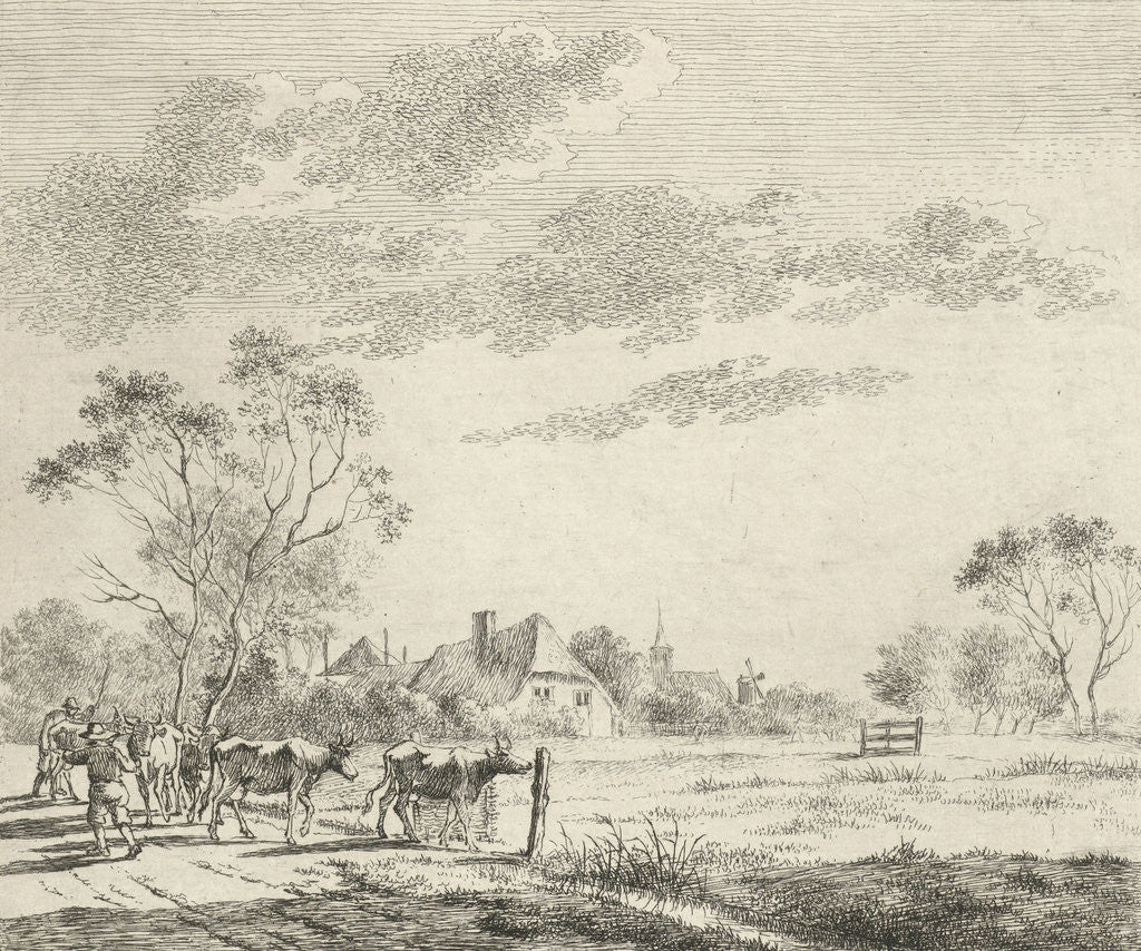 Detail of Landscape with farm and pasture, a path with two farmers who drive the cows to the pasture, a church and a mill by Johannes Janson