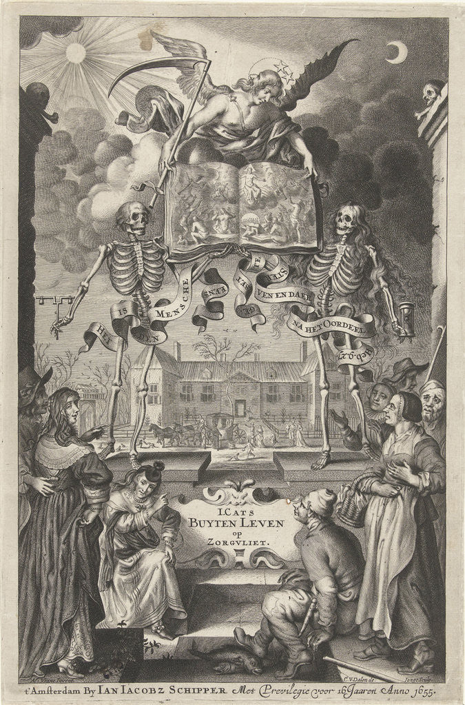 Detail of City People and peasants watching two skeletons and angel with book open by presentation of final judgment by Anonymous