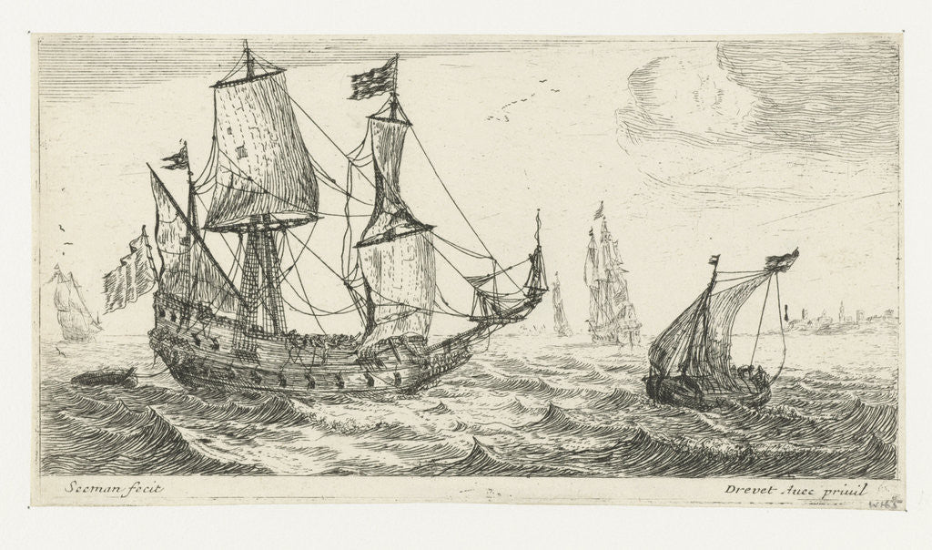 Detail of A large sailing ship, a pinnace, and a smaller ship, on the water, three large ships, a village right on the coast by Anonymous