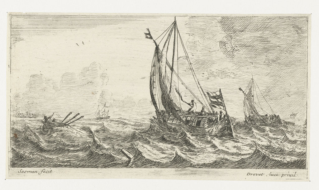 Detail of Two ferries and a rowing boat on a rough sea by Anonymous
