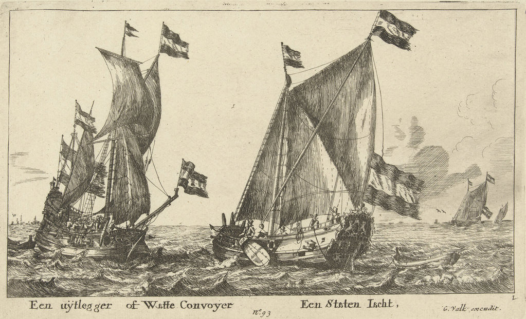 Detail of Two ships: a Statenjacht and an interpreter by Gerard Valck