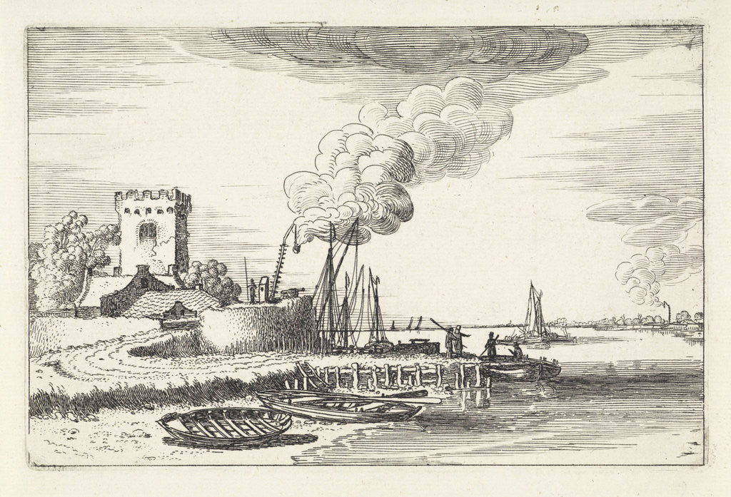 Detail of Landscape with a lighthouse in a port by Jan van de Velde II