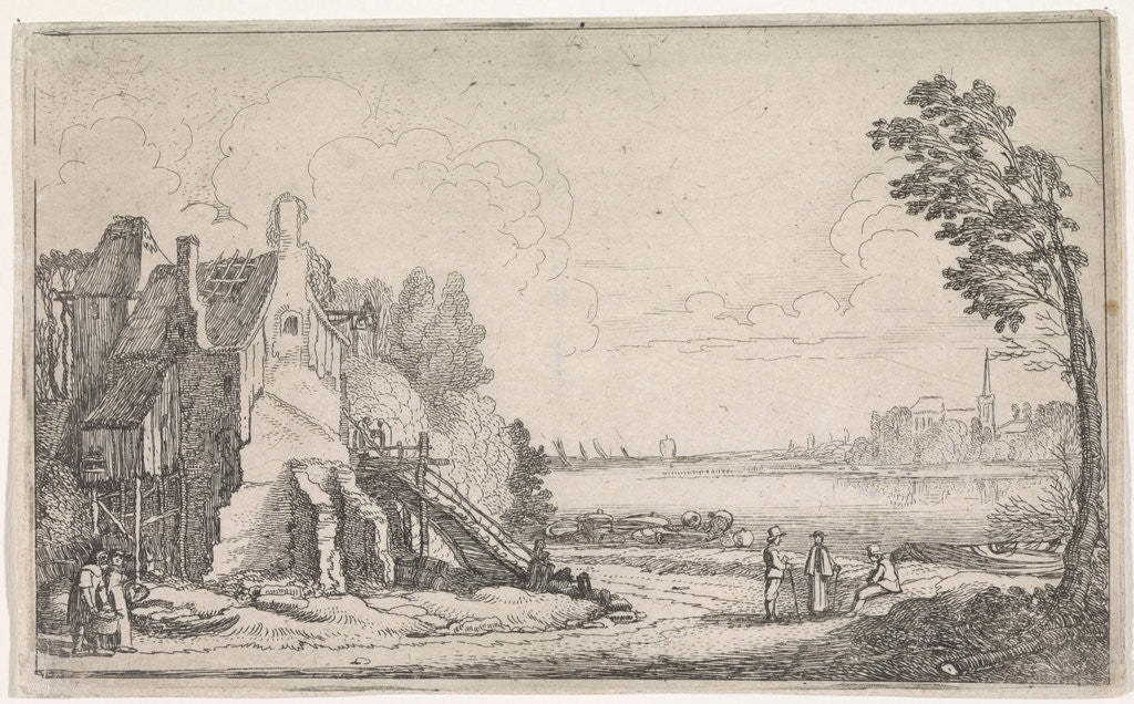 Detail of Figures on a path along a dilapidated house on a river by Jan van de Velde II