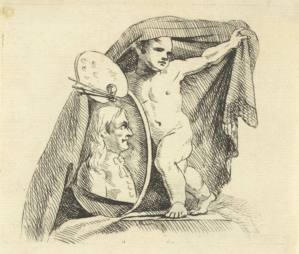 Detail of Child with painters palette and portrait of deceased artist and mourning veil by Antonis Aloisius Emanuel van Bedaff