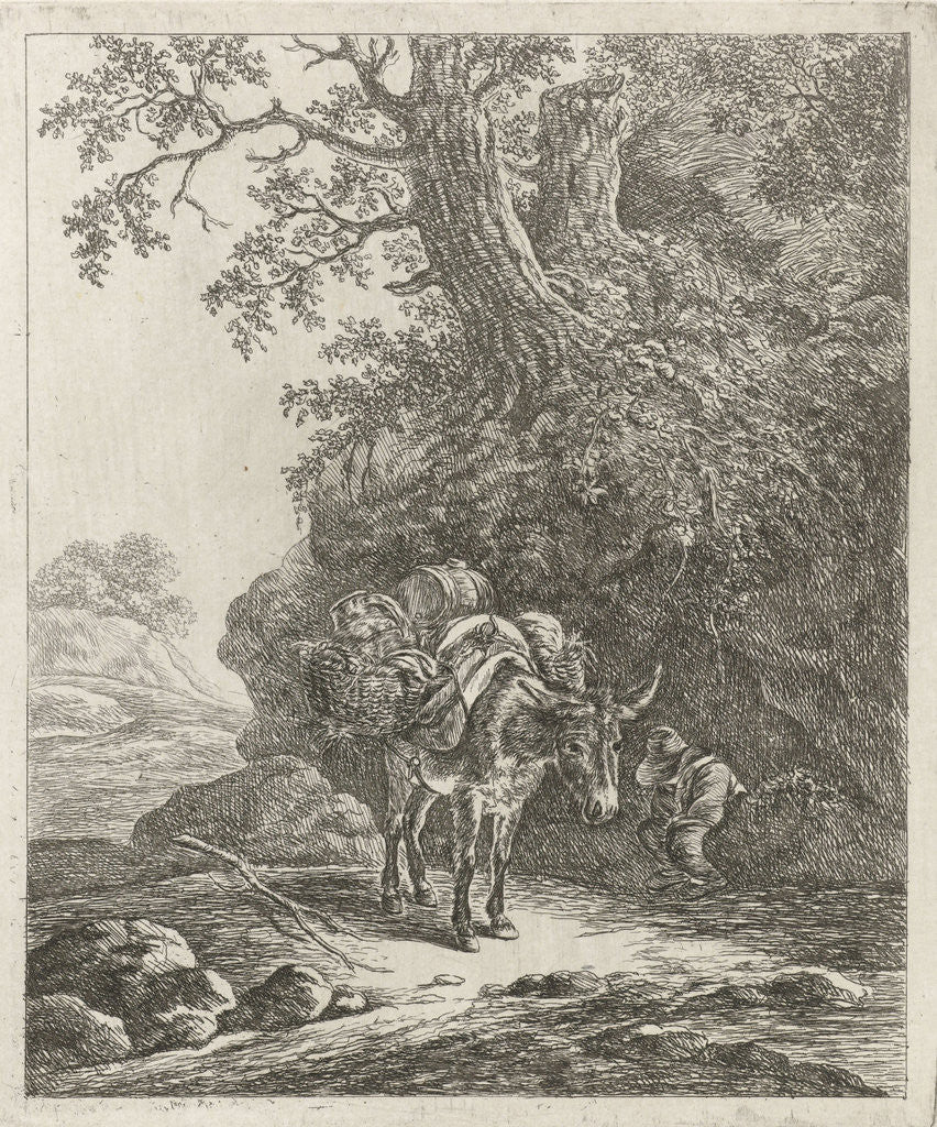 Detail of beast of burden on country road with it exonerating man by Hendrik Godart de Marée