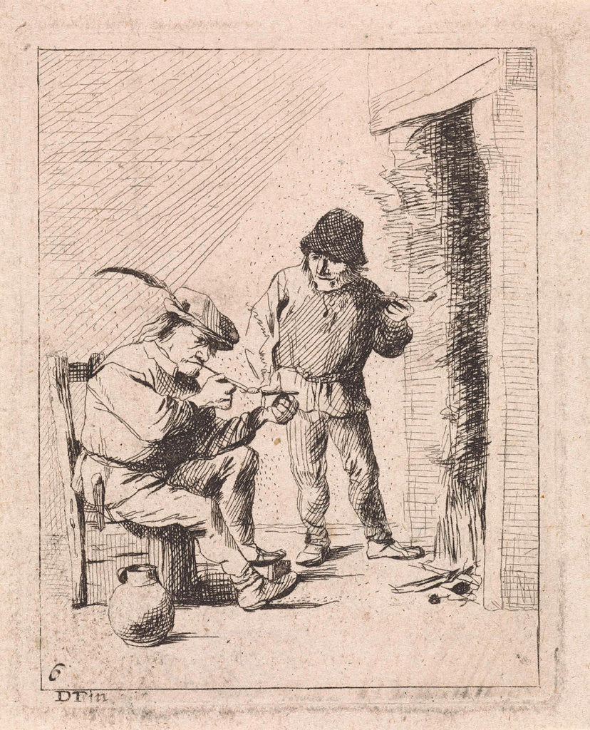 Detail of A standing and a seated peasant both smoking pipe by the fire, left a jar by David Teniers II