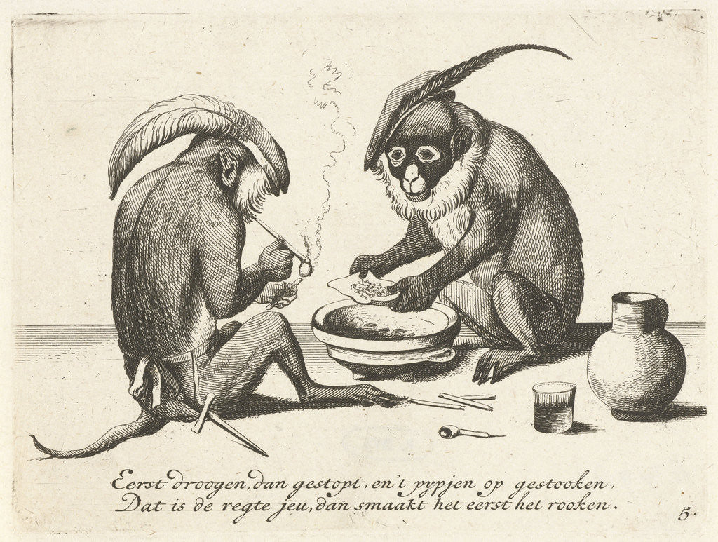 Detail of Two monkeys smoking a pipe by Anonymous