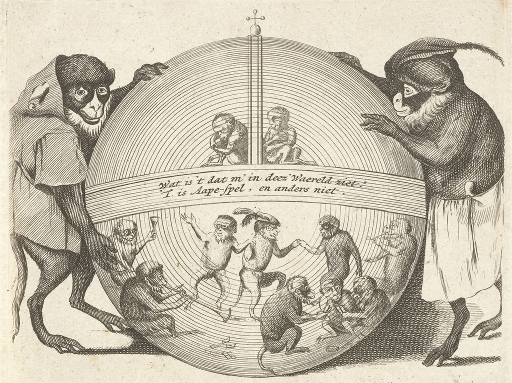 Detail of Title print of a series of six prints in which various human activities are represented by monkeys by Quirin Boel