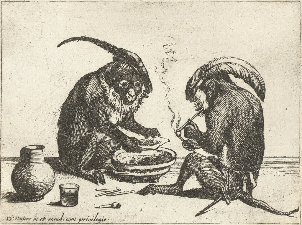 Detail of Two monkeys smoking pipe by Anonymous