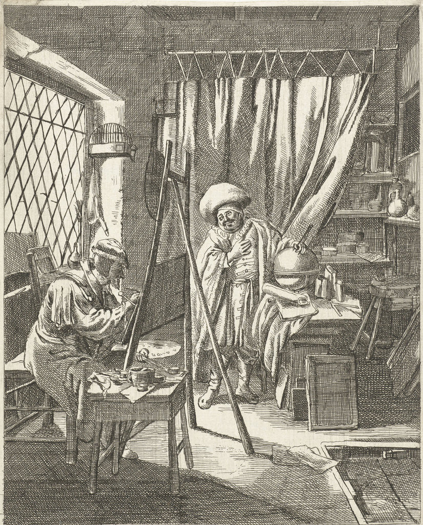 Detail of Painter with a model in his studio, Wouter Dam by Cornelis Dusart