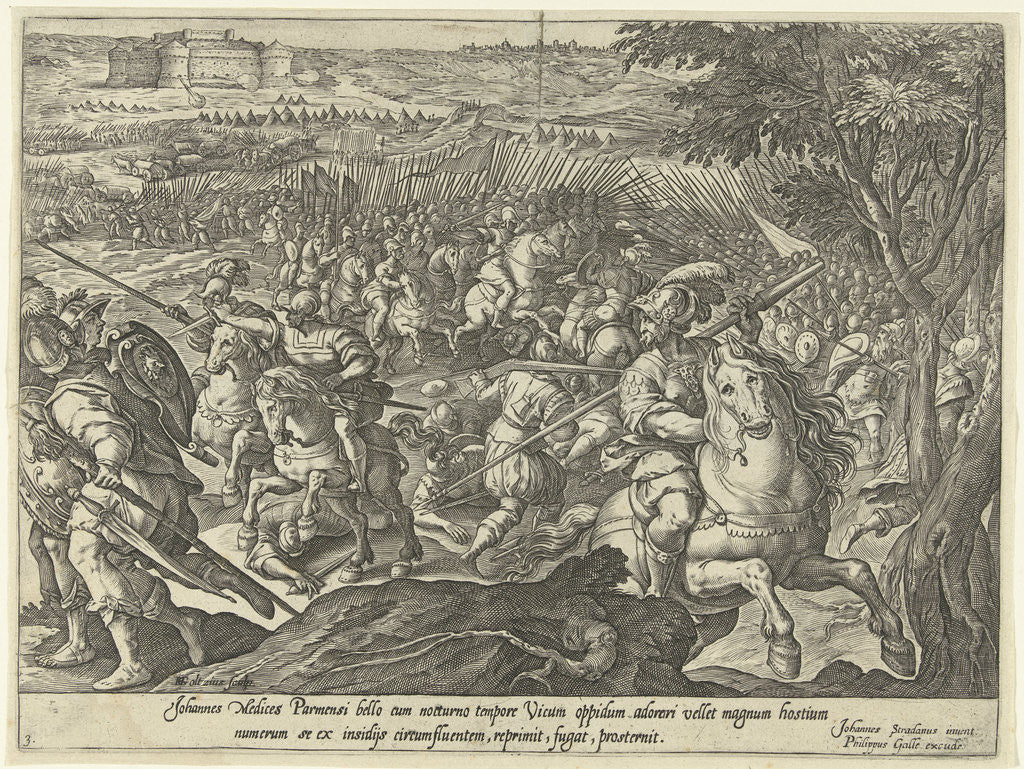 Detail of Cavalry skirmish, the siege of a fortress by Hendrick Goltzius