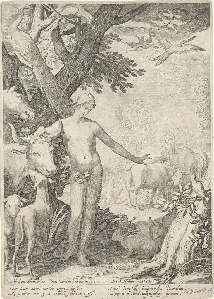 Detail of Adam stands in the foreground, around him all kinds of animals by Jan Saenredam