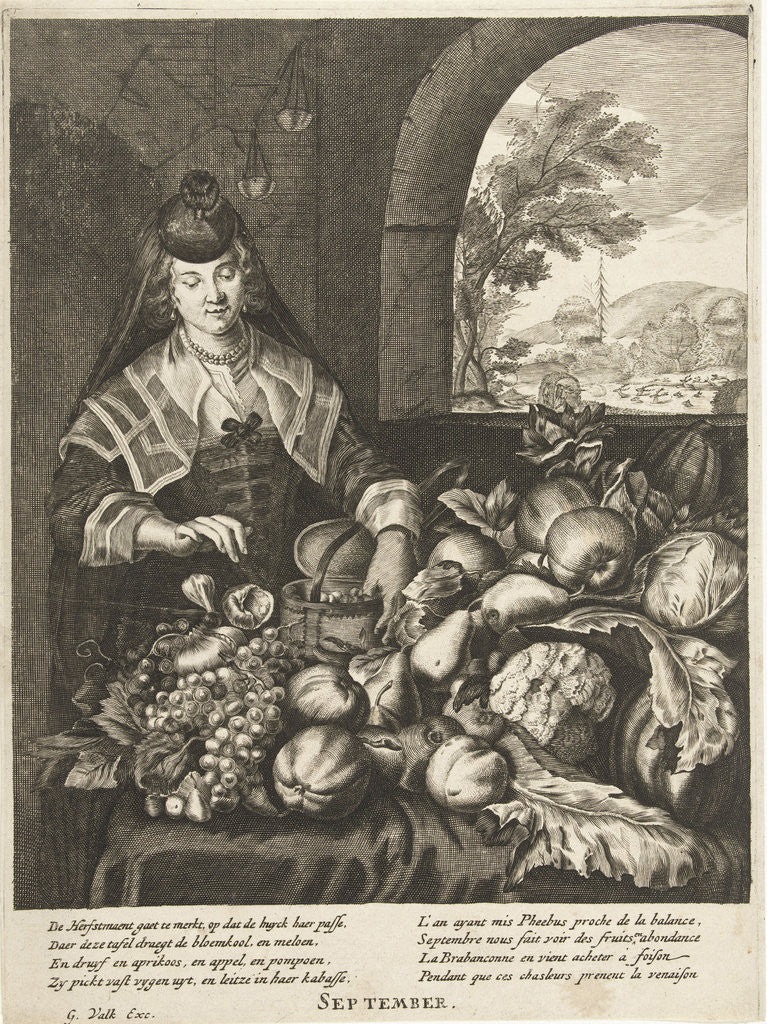 Detail of September represented as woman at table laden with fruits and vegetables by Joachim von Sandrart