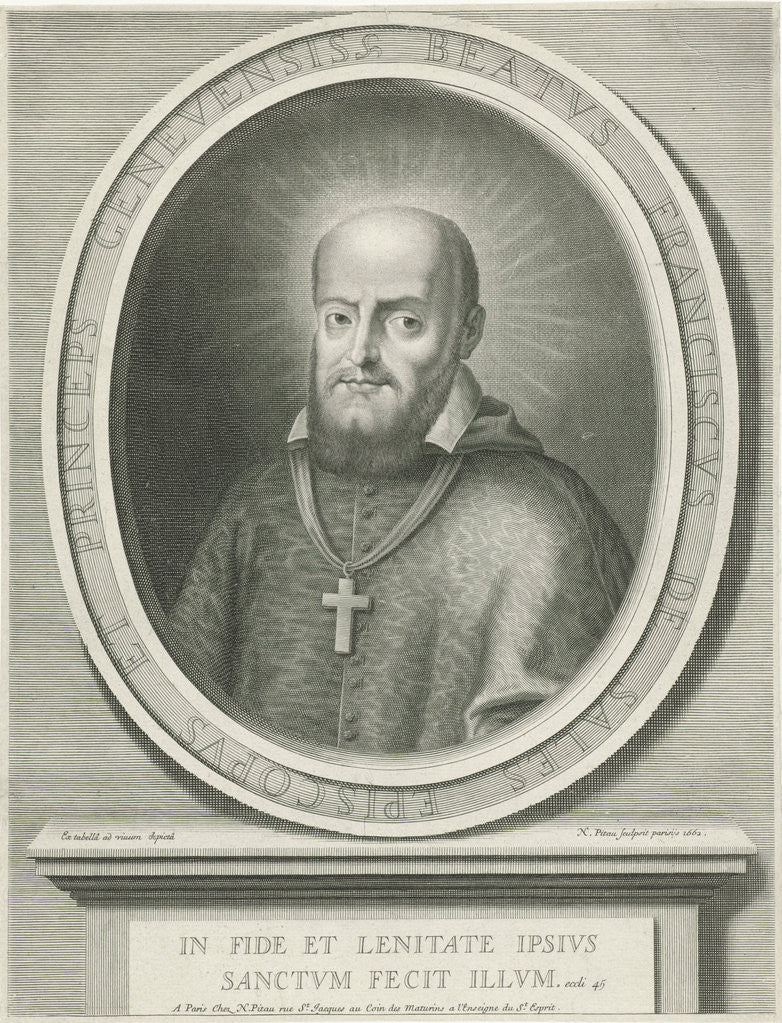 Detail of Portrait of St. Francis de Sales, a halo behind his head, he was bishop of Geneva and Annecy, on the pedestal a Bible quote by Nicolas Pitau I