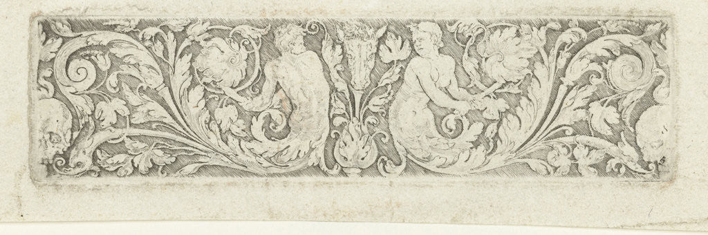 Detail of Ornament with two tritons and two skulls by Meester van de Paardenhoofden