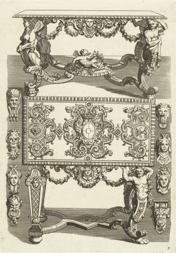 Detail of The upper table is shown in perspective, with the lower table top is shown upright, on both sides four masks are shown by Daniël Marot I