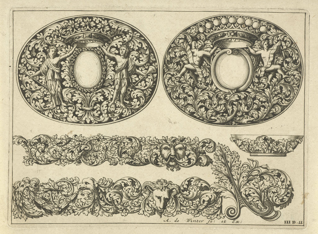 Detail of Two oval lids for boxes, two leafs, a small plate and a corner motif of leaf tendrils, Anthonie de Winter by Anonymous