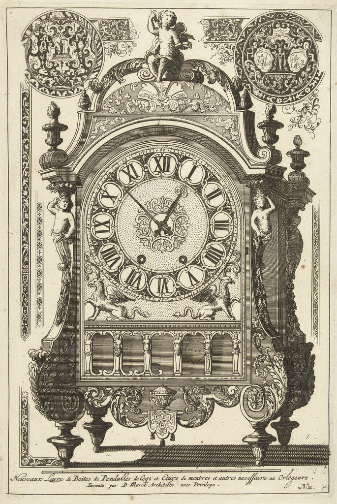 Detail of Clock and a putto, title page from the series Nouveaux Liure de Boites de Pendulles by Daniël Marot I