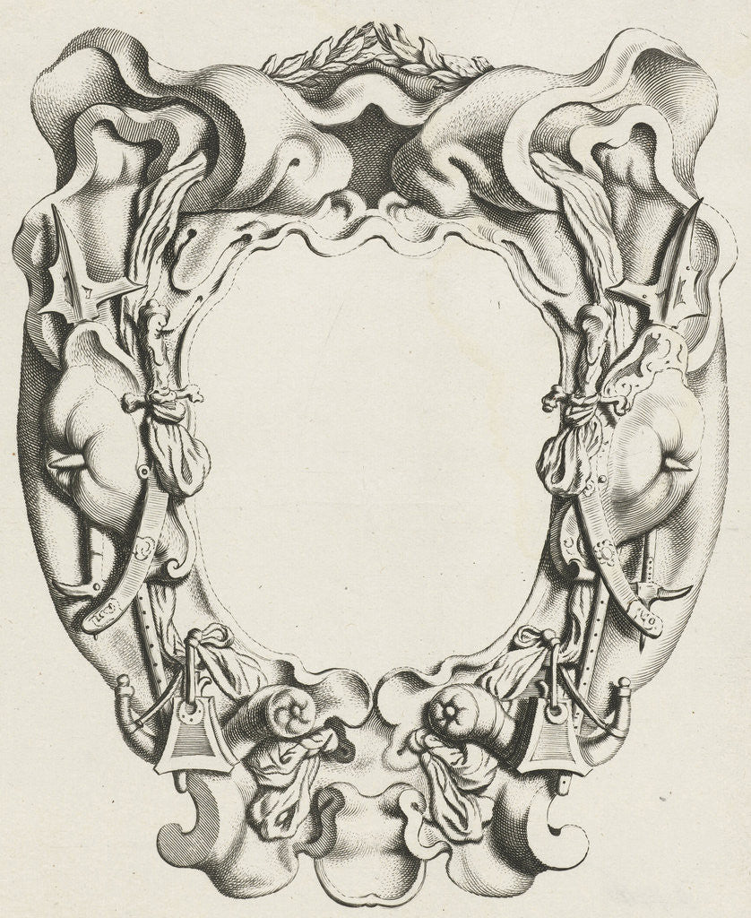 Detail of Cartouche with lobe ornament with wapentrofeëen by Clement de Jonghe