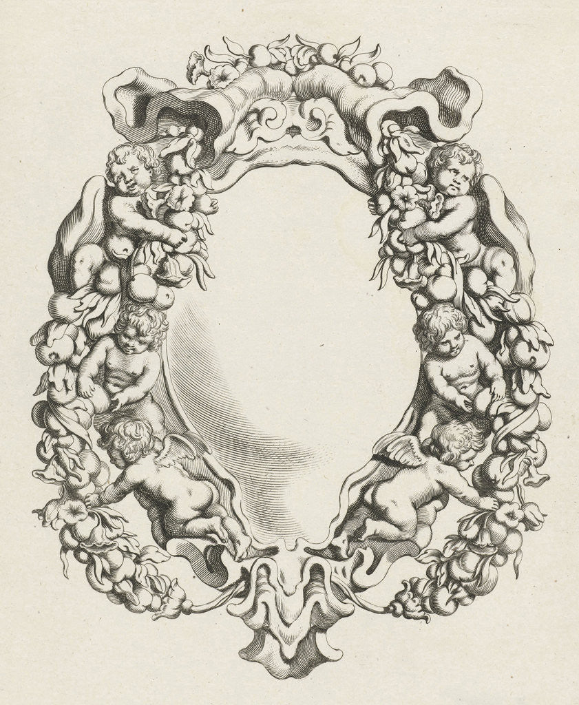 Detail of Cartouche with lobe ornament with four children and two angels by Clement de Jonghe