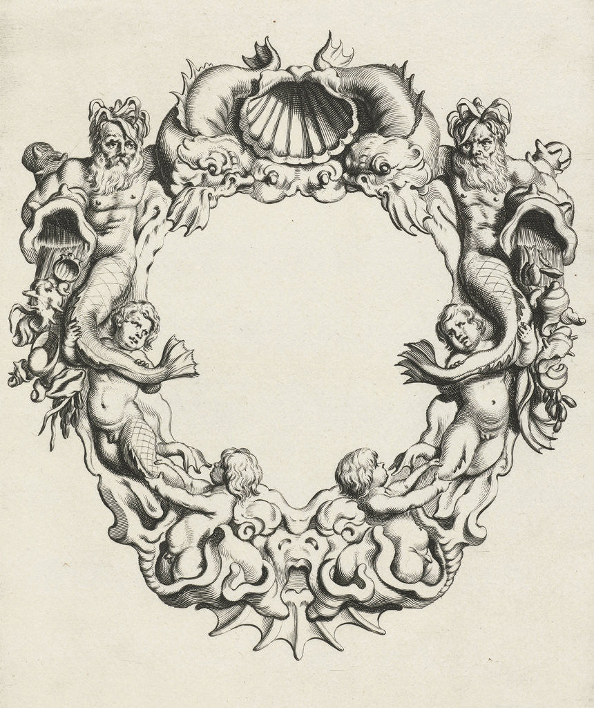 Detail of Cartouche with lobe ornament, a top shell flanked by dolphins by Clement de Jonghe