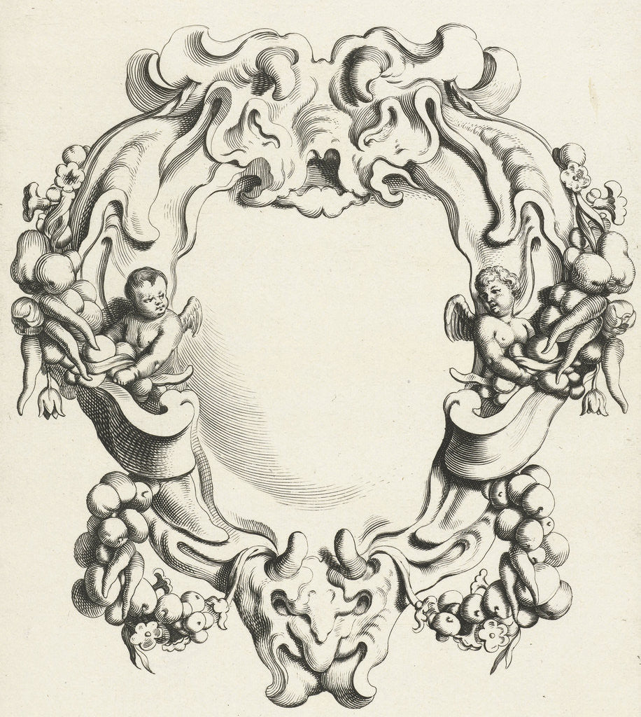 Detail of Cartouche with lobe ornament with two putti by Clement de Jonghe
