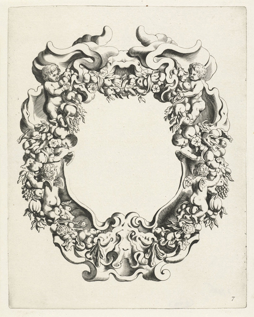 Detail of Cartouche with lobe ornament with two putti and four angels by Clement de Jonghe