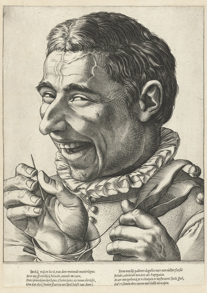 Detail of Laughing jester with needle and thread by Anonymous