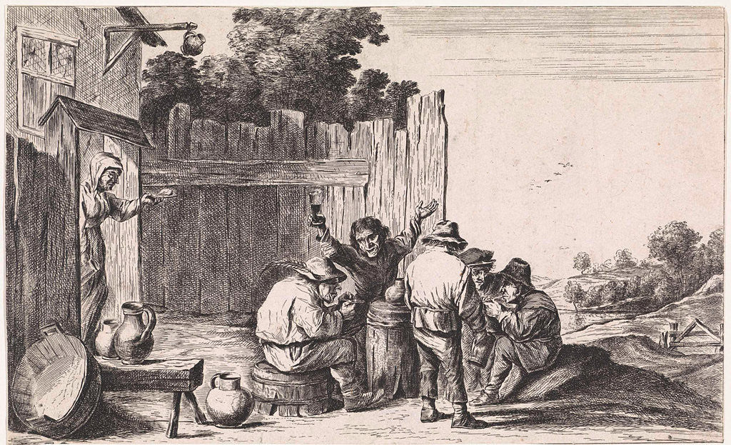 Detail of Five farmers around a barrel by Anonymous