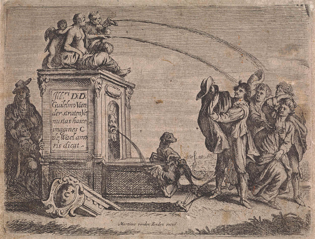Detail of Group of people at fountain by Martinus van den Enden I